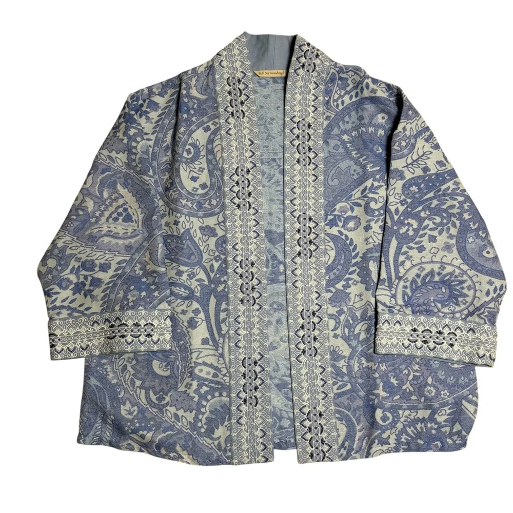 Soft Surroundings Verrado Jacket Blue Paisley Open Front‎ Kimono PXL EUC